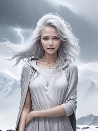 Portrait of a beautiful young woman, very small breasts, long white hair, slightly  smiling, wearing a grey dress and grey cloak,  silver necklace, silver crown, wet clothes, standing on a mountain during a storm,  lightning storm, very windy,  heavy rain,  hair blowing in the wind, clothes blowing in the wind, photo of perfecteyes eyes, ,lghtnngprsn,Snow