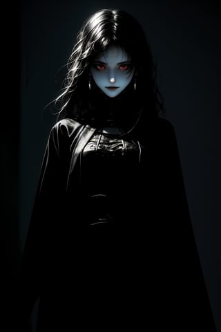 A melancholic portrait of a beautiful woman, clad in all-encompassing black attire, stands stoic amidst a somber, mysterious backdrop. Shadows dance across her pale complexion as she smiles menacingly at the viewer, the foreboding lighting accentuating the severity of her expression. The atmosphere is heavy with foreboding, as if secrets lurk in the darkness.