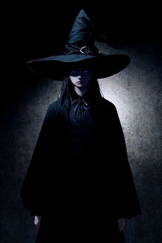 A serious looking young woman dressed as a witch against a dark mysterious background