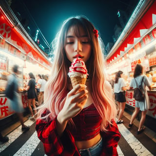 Realistic 16K resolution photography of multiple exposure photography featuring red and white ice cream with extreme motion blur and twisted speed lines, A girl wearing fashionable outfit, eating ice cream sandwich, in front of night market ice cream vendor, in Tokyo.
break, 
1 girl, Exquisitely perfect symmetric very gorgeous face, Exquisite delicate crystal clear skin, Detailed beautiful delicate eyes, perfect slim body shape, slender and beautiful fingers, nice hands, perfect hands, illuminated by film grain, realistic skin, dramatic lighting, soft lighting, exaggerated perspective of ((fisheye lens depth)),