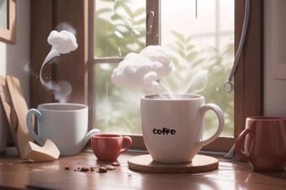sitting in a window, rainy weather, cozy room, clean detail, steaming coffee mug in hand