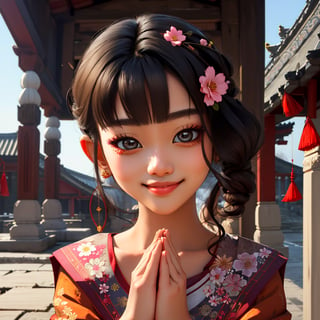 1girl, very beautiful, sweet smile, detailed eyes, praying poses, looking to viewer, calm sunshine, flower, inside temple , traditional outfit,Asian,praying, dark background, ,Makeup