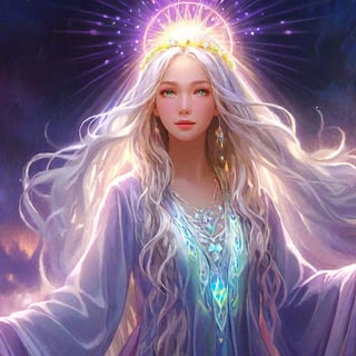 portrait of Celestial Being, power of life, supreme queen, halo of colorful lights, royal queen robe,  happy, very beautiful, beautiful eyes, welcoming, transparent beautiful hair, (glowing silver eyes:2), ((strong inner light)), glowing, rainbow color aura, majestic, magnificent, detailed texture, levitating, various poses, fantasy, masterpiece, best quality, ultra quality,    dark sky, ,Magical Fantasy style