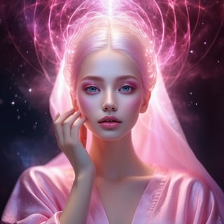 Celestial Being of Love, unisex, perfect face, nice, transparent hair, wearing body robe, glowing Rose-Quartz eyes, inner light, glowing, rose-color aura, photo, detailed texture, levitating, fantasy,  masterpiece, best quality, ultra quality, various angle, dark cosmic background. ,