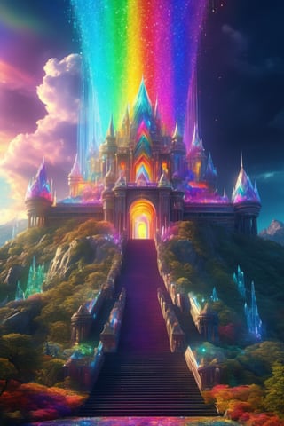 ((Huge Palace made of colorful glittering crystals)) on top of a mountain, intricate, shooting rainbow lights towards the sky, energy bloom over the palace, detailed textures, vivid lines, amazing light effects, raytracing, stairs and roads to the palace, lush forest, dark cosmic sky, surreal sci-fi movie, 4k