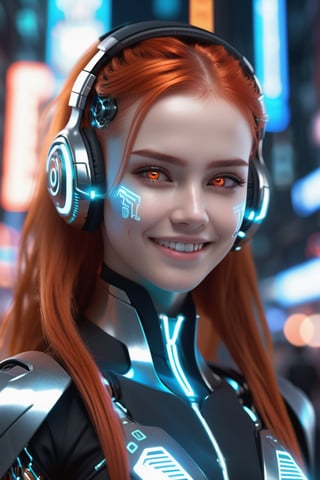 1 girl, metallic titanium, fractal skin paint, intelligent biomechanical suit, cyberpunk city, dynamic pose, detailed luminescent headphones, luminous hair accessories, long hair, luminous earrings, glowing necklace, futuristic, technology, translucent black cape, laser light, vehicle, best quality, masterpiece, 8K, Character edge light, super high detail, high quality, the most beautiful woman in human beings, smile, face facing front and left and right symmetry, long antenna glow, beautiful pupils, light effects, visual data, silver-red-orange hair dyed hair, ultra-detailed face texture, happy, weapon system, busy street, mecha style, photo r3al