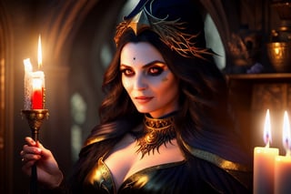 photorealistic {sorceress}, beautiful 30-years old, wearing dress, sexy body, bust photo, detailed face, eyes, performing rituals, light from candles, shadows, at night, house background