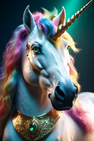 ((Ancient Unicorn looking at the camera)),(choker), emerald eyes, ((eyes and forehead)), (ultra detailed face), (cinematic colors),detailed fur, detailed head, (Particles),(Beautiful and Majestic),translucent hairs with rainbow-tint reflections, (cinematic colors background), octane render, ultra realistic, skin details, taken with Hasselblad camera with soft three point lighting, more detail XL