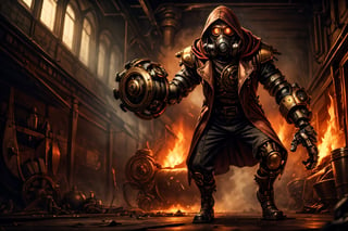 solo male, steampunk chestplate, metal gas mask, iron boots, BREAK (oversized mechanical gauntlet on right hand:1.5), BREAK exhaust ports venting steam attached to armor, BREAK fingerless glove on left hand, wielding steampunk pistol, BREAK (open red trench coat with hood:1.3), BREAK (glowing red eyes:1), black pants, BREAK dynamic pose, action pose, multiple poses, menacing atmosphere, dramatic pov, dark steampunk factory interior setting, gears in background, fires in background, dungeons and dragons character style, midnight, volumetric lighting, shadows, darkness, dim,

five fingers, perfect hands, best quality, masterpiece, beautiful, perfect anatomy,steam4rmor,lolstyle