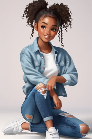 A teenage girl with dark skin and curly hair styled in playful ponytails, flat_chest, simple_background, jeans, ripped jeans, shirt, long_sleeves, 