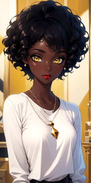 anitoon style, solo, dark skin, 1girl, yellow eyes, jewelry, black hair, necklace, short hair, dark-skinned female, makeup, shirt, lipstick, looking at viewer, curly hair, white shirt