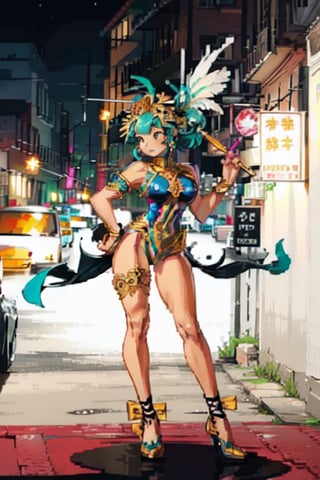 Lucia's outfit draws inspiration from traditional Brazilian Carnival costumes. She wears vibrant feathers and flowing fabrics. Brazilian, Olive skin, 