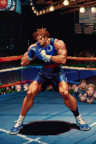 wears classic American boxing attire, with red, white, and blue colors, Caucasian, Fair skin color,  ,PixelArt