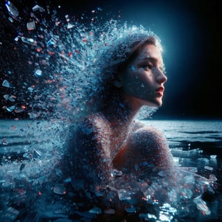 Realistic 16K resolution blue-red tone photography of 1 girl with beauty face created by colorful dotted particles with a mesmerizing digital or pixelated effect, sitting in dark on frozen lake, with shattered ice debris vortexing and floating into shade around her,
break,
1 girl, Exquisitely perfect symmetric very gorgeous face, Exquisite delicate crystal clear skin, Detailed beautiful delicate eyes, perfect slim body shape, slender and beautiful fingers, nice hands, perfect hands, illuminated by film grain, Stippling style, dramatic lighting, soft lighting, motion blur, exaggerated perspective of ((Wide-angle lens depth)),