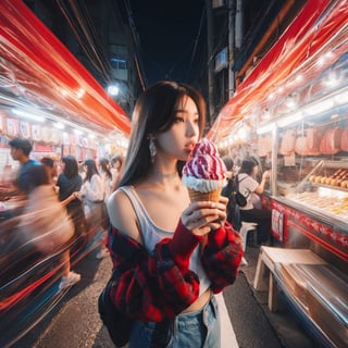 Realistic 16K resolution blue-red tone photography of 1 girl with beauty face created eating ice cream in front vendors at night market,
break,
1 girl, Exquisitely perfect symmetric very gorgeous face, Exquisite delicate crystal clear skin, Detailed beautiful delicate eyes, perfect slim body shape, slender and beautiful fingers, nice hands, perfect hands, illuminated by film grain, dark theme, dramatic lighting, soft lighting, motion blur, exaggerated perspective of ((Wide-angle lens depth)),