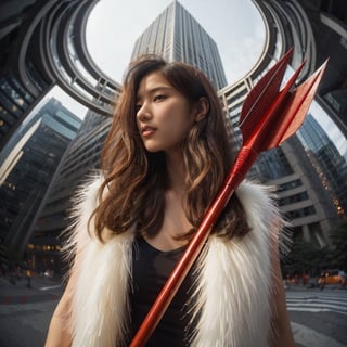 Realistic 16K resolution photography of a girl with hair flowing in the wind, wearing a white fleece vest and holding red javelin, strolling through the city center,
break, 
1 girl, Exquisitely perfect symmetric very gorgeous face, Exquisite delicate crystal clear skin, Detailed beautiful delicate eyes, perfect slim body shape, slender and beautiful fingers, nice hands, perfect hands, illuminated by film grain, realistic skin, dramatic lighting, soft lighting, exaggerated perspective of ((fisheye lens depth)),
