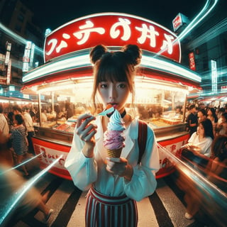 Realistic 16K resolution blue-red tone photography of 1 girl with beauty face created eating ice cream in front vendors at night market,
break,
1 girl, Exquisitely perfect symmetric very gorgeous face, Exquisite delicate crystal clear skin, Detailed beautiful delicate eyes, perfect slim body shape, slender and beautiful fingers, nice hands, perfect hands, illuminated by film grain, dark theme, dramatic lighting, soft lighting, motion blur, exaggerated perspective of ((Wide-angle lens depth)),