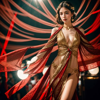 Realistic 8K resolution photography of multiple exposure photography featuring red and white silks with extreme motion blur and twisted speed lines,  A girl wearing fashionable outfit in front of intricately detailed black and gold Ksitigarbha Bodhisattva statue, in Tokyo. 
break, 
1 girl, Exquisitely perfect symmetric very gorgeous face, perfect breasts, Exquisite delicate crystal clear skin, Detailed beautiful delicate eyes, perfect slim body shape, slender and beautiful fingers, nice hands, perfect hands, perfect pussy, illuminated by film grain, Film photo style, realistic skin, fish-eye lens, lens flare,More Detail, exaggerated perspective of fisheye lens depth,