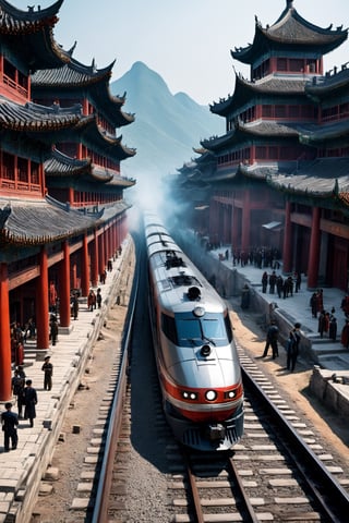 #McBane: A sci-fi train passing through an ancient Chinese city,people standing on railroad tracks, Highly realistic concept art, Steam engine, Highly detailed 4K 