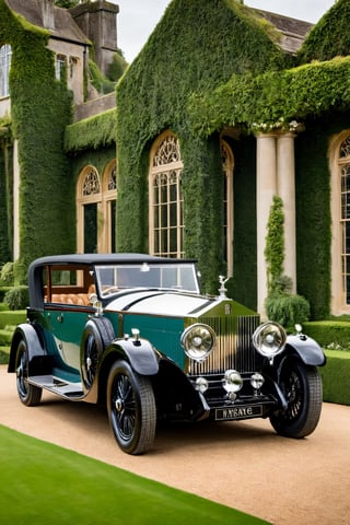 #McBane: An extravagant 1920s Rolls Royce showroom, with intricate carvings and intricate details, surrounded by the lush greenery of the English countryside