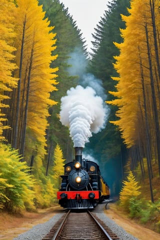 #McBane: a train that is going down the tracks in a forest, on a train track of the yellowed forest, train, steam train, trains in the background, steam trains, railways, yellowed leaves falling from the trees, white steam on the side, ultra realistic 4k, cinematic image