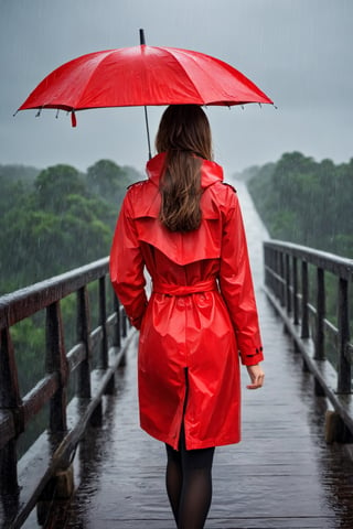 #McBane: A girl walking on a bridge when it is raining, Red raincoat, unbrella, walking away from camera, highly detailed bridge, mood lighting, night
