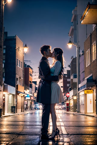 #McBane:  Couple kissing goodbye on an empty street, At night, street lamps illuminated the two of them, foto realistic