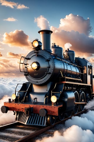 #McBane: Steam locomotive on a background of clouds at sunset, 3d rendering, photorealistic, ultra sharp, dreamy light, comfort light, highlight bloam light, dreamy colors, realistic, detailed, front view