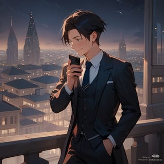 Score_9, Score_8_up, Score_7_up, Score_6_up, Score_5_up, Score_4_up,aa man black hair, sexy guy, standing on the balcony of a building,city, night,looking at the front building, wearing a suit, sexy pose,leaning on the railing,holding a cell phone in his hand and looking at the cell phone, smiling,loosening his tie with the other hand,
ciel_phantomhive,jaeggernawt,Indoor,frames,high rise apartment,outdoor