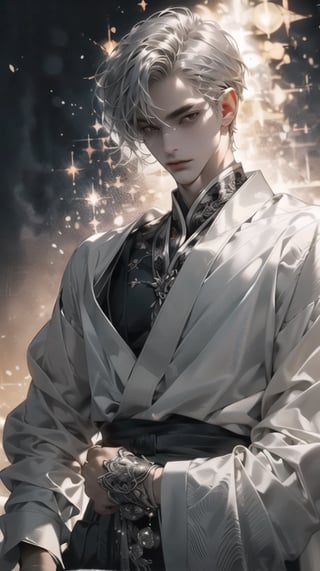 (extreamly delicate and beautiful:1.2), 8K, (tmasterpiece, best:1.0), , (LONG_silver_HAIR_MALE:1.5), Upper body body, a long_haired male, cool and seductive, evil_gaze, (wears white hanfu:1.2), and intricate detailing, and intricate detailing, finely eye and detailed face, Perfect eyes, Equal eyes, Fantastic lights and shadows、white room background、 Uses backlight and rim light