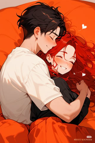 Score_9, Score_8_up, Score_7_up, Score_6_up, Score_5_up, Score_4_up,

red long hair,1girl (red hair),1boy black hair, a very handsome man, boy and girl lying on the orange sofa,black clothes, boy hugs the girl from behind, covered with a brown blanket, eyes closed, smiling, lifting his shirt, blushing, sexy, hearts in air, blushing, ciel_phantomhive,jaeggernawt