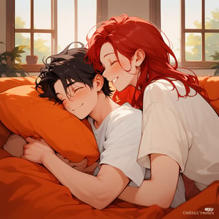 Score_9, Score_8_up, Score_7_up, Score_6_up, Score_5_up, Score_4_up,

Red hair,1girl, girl_red_long_hair, 1boy black hair, a very handsome man, boy and girl lying on the orange couch, boy hugs the girl, covered with a brown blanket, eyes closed, smiling, lifting his shirt, blushing, sexy, blushing, crepusculo_sky(picture window) sunciel_phantomhive,jaeggernawt