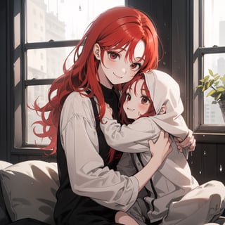 1girl (girl_long_red_hair) sitting near her window holding a little boy(black_hair, light_black_eye, cute_face)  on a rainy day, happy girl, looking at each other,Red hair
