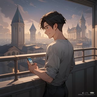 Score_9, Score_8_up, Score_7_up, Score_6_up, Score_5_up, Score_4_up,aa man black hair, sexy guy, standing on the balcony of a building,city, night,looking at the front building, wearing a grey shirt, sexy pose,leaning on the railing,holding a cell phone in his hand and looking at the cell phone, smiling,
ciel_phantomhive,jaeggernawt,Indoor,frames,high rise apartment,outdoor