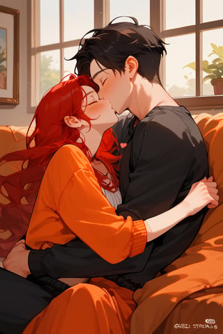 Score_9, Score_8_up, Score_7_up, Score_6_up, Score_5_up, Score_4_up,

red long hair,1girl (red hair),1boy black hair, a very handsome man, boy and girl lying on the orange sofa,black clothes, boy hugs the girl from behind, covered with a brown blanket, moaning,eyes closed, crepusculo_sky(picture window), boy_kissing_neck_of_the_girl,,lifting his shirt, blushing, sexy, hearts in air, blushing, ciel_phantomhive,jaeggernawt,perfect finger