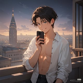 Score_9, Score_8_up, Score_7_up, Score_6_up, Score_5_up, Score_4_up,aa man black hair, sexy guy, standing on the balcony of a building,city, night,looking at the front building, wearing a unbuttoned shirt, sexy pose,leaning on the railing,holding a cell phone in his hand and looking at the cell phone, smiling, disheveled clothes,
ciel_phantomhive,jaeggernawt,Indoor,frames,high rise apartment,outdoor