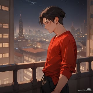 Score_9, Score_8_up, Score_7_up, Score_6_up, Score_5_up, Score_4_up,aa man black hair, sexy guy, standing on the balcony of a building,city, night,looking at the front building, wearing a red shirt, sexy pose,leaning on the railing,
ciel_phantomhive,jaeggernawt,Indoor,frames,high rise apartment,outdoor