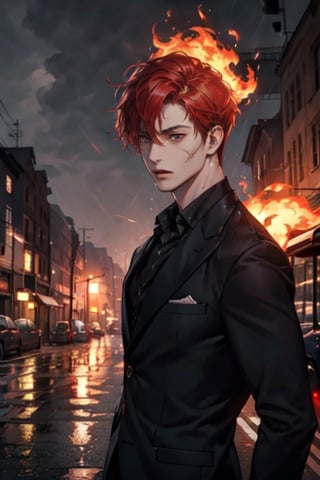 One boy(adult), red hair, eyes (one brown, one red), scar under one eye, short hair, open black blazer, shirt,background (flames, city, rain)