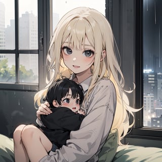 1girl (girl_long_blonde_hair)girl sitting near her window holding a baby boy,  on a rainy day, Baby boy( black_hair, light_black_eye, cute_face) happy girl