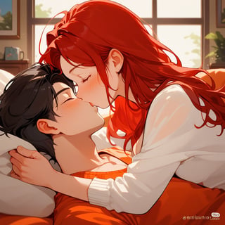 Score_9, Score_8_up, Score_7_up, Score_6_up, Score_5_up, Score_4_up,

Red hair,1girl, girl_red_long_hair, 1boy black hair, a very handsome man, boy and girl lying on the orange couch, boy hugs the girl from the front, covered with a brown blanket, eyes closed, kissing, lifting his shirt, blushing, sexy, blushing, crepusculo_sky(picture window) sunciel_phantomhive,jaeggernawt,kiss