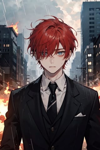 One boy(adult), red hair, eyes (one brown, one red), scar under one eye, short hair, open black blazer, shirt,background (flames, city, rain)