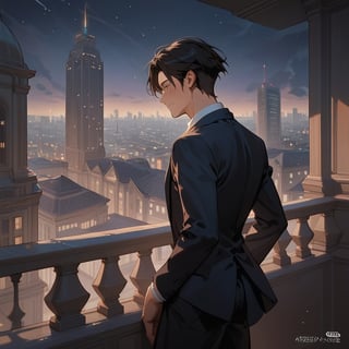 Score_9, Score_8_up, Score_7_up, Score_6_up, Score_5_up, Score_4_up,aa man black hair, sexy guy, standing on the balcony of a building, city, night,looking at the front building, wearing a suit, sexy pose, ciel_phantomhive,jaeggernawt,Indoor