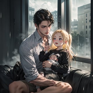 1girl (girl_long_blonde_hair)girl sitting near her window holding a baby boy,  on a rainy day, Baby boy( black_hair, light_black_eye, cute_face) happy girl