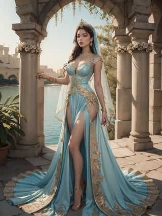 arabian dress,(((Stunningly Beautiful Fairy Princesss))),full body, Story, Beautiful bride posing under a fairy tale arch of exotic magical flowers, elaborate scene style, glitter, peach blue lace, realistic style, 8k,exposure blend, medium shot, bokeh, (hdr:1.4), high contrast, (cinematic, blue, sky-blue, green, golden and white film), (muted colors, dim colors, soothing tones:1.3), low saturation, (hyperdetailed:1.2), (noir:0.4),  blue princess dress jasmine of arabia