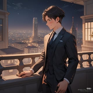 Score_9, Score_8_up, Score_7_up, Score_6_up, Score_5_up, Score_4_up,aa man black hair, sexy guy, standing on the balcony of a building,city, night,looking at the front building, wearing a suit, sexy pose,leaning on the railing,holding a cell phone in his hand and looking at the cell phone, smiling,ciel_phantomhive,jaeggernawt,Indoor,frames,high rise apartment,outdoor