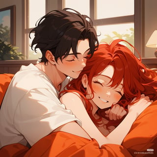 Score_9, Score_8_up, Score_7_up, Score_6_up, Score_5_up, Score_4_up,

Red hair,1girl, girl_red_long_hair, 1boy black hair, a very handsome man, boy and girl lying on the orange couch, boy hugs the girl from the front, covered with a brown blanket, eyes closed, smiling, lifting his shirt, blushing, sexy, blushing, crepusculo_sky(picture window) sunciel_phantomhive,jaeggernawt