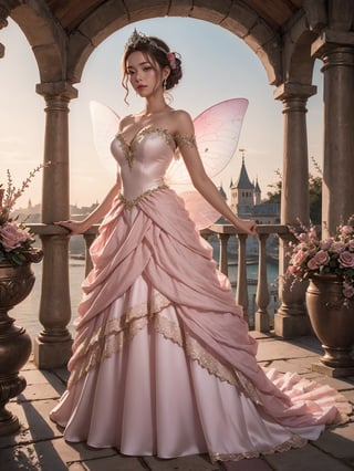 (((Stunningly Beautiful Fairy Princesss))),full body, Story, Beautiful bride posing under a fairy tale arch of exotic magical flowers, elaborate scene style, glitter, peach pink lace, realistic style, 8k,exposure blend, medium shot, bokeh, (hdr:1.4), high contrast, (cinematic, pink, fucshia and white film), (muted colors, dim colors, soothing tones:1.3), low saturation, (hyperdetailed:1.2), (noir:0.4),  fucshia princess dress aurora