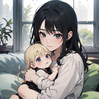 1girl (girl_long_blonde_hair)girl sitting near her window holding a baby boy,  on a rainy day, Baby boy( black_hair, light_black_eye, cute_face) happy girl