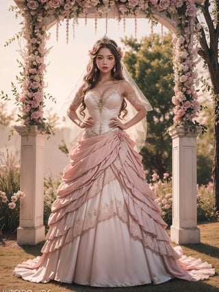 (((Stunningly Beautiful Fairy Princesss))),full body, Story, Beautiful bride posing under a fairy tale arch of exotic magical flowers, elaborate scene style, glitter, peach pink lace, realistic style, 8k,exposure blend, medium shot, bokeh, (hdr:1.4), high contrast, (cinematic, pink, fucshia and white film), (muted colors, dim colors, soothing tones:1.3), low saturation, (hyperdetailed:1.2), (noir:0.4),  princess dress aurora