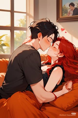 Score_9, Score_8_up, Score_7_up, Score_6_up, Score_5_up, Score_4_up,

red long hair,1girl (red hair),1boy black hair, a very handsome man, boy and girl lying on the orange sofa,black clothes, boy hugs the girl from behind, covered with a brown blanket, eyes closed, smiling, crepusculo_sky(picture window), kissing,lifting his shirt, blushing, sexy, hearts in air, blushing, ciel_phantomhive,jaeggernawt